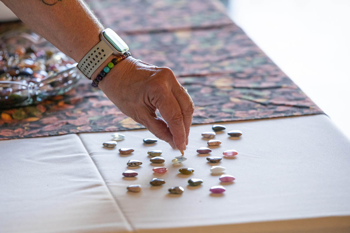 Seeds sorted and laid out across a worksheet on a table